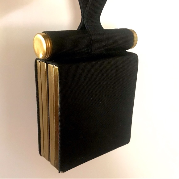 Vintage Handbags - Vintage RARE 50’s black & gold wristlet clutch handbag purse minaudiere